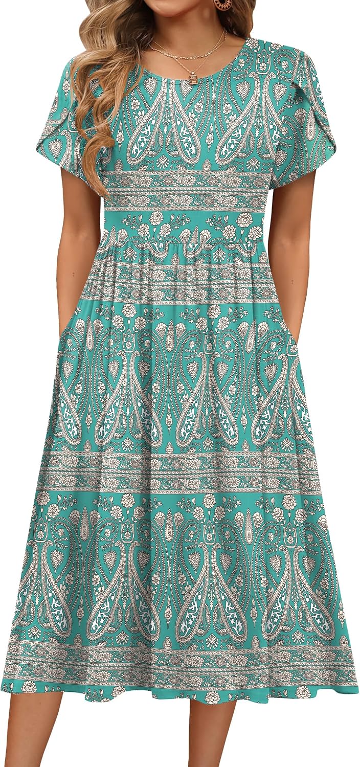 HOTOUCH Women Dresses Elegant Summer Midi Dress Short Sleeve Round Neck Tunic Dress Casual A Line Dresses with Pockets S-XXL