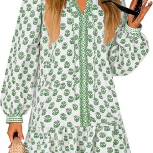 Wenrine Womens Long Sleeve Casual Mini Dress Floral V Neck Ruffle Loose Fall Boho Babydoll Dresses with Pockets