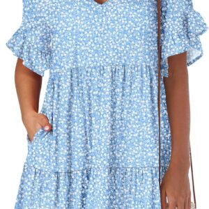ANRABESS Dresses for Women Summer 2025 V Neck Ruffle Sleeve A Line Tiered Flowy Casual Trendy Mini Beach Dress with Pockets