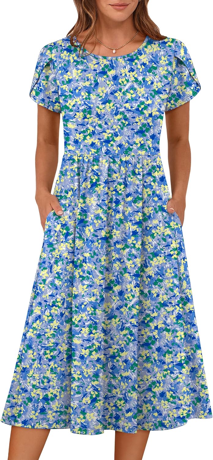 ANRABESS Women's Summer Short Sleeve A-Line Midi Dresses Casual Floral T-Shirt Dresses Flowy Beach Sundress with Pockets