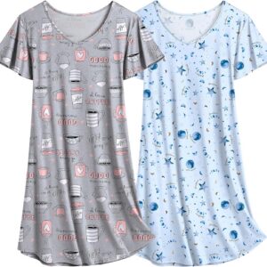 Ekouaer 2 Pack Nightgowns for Women V Neck Sleepshirt Print Pajama Dress