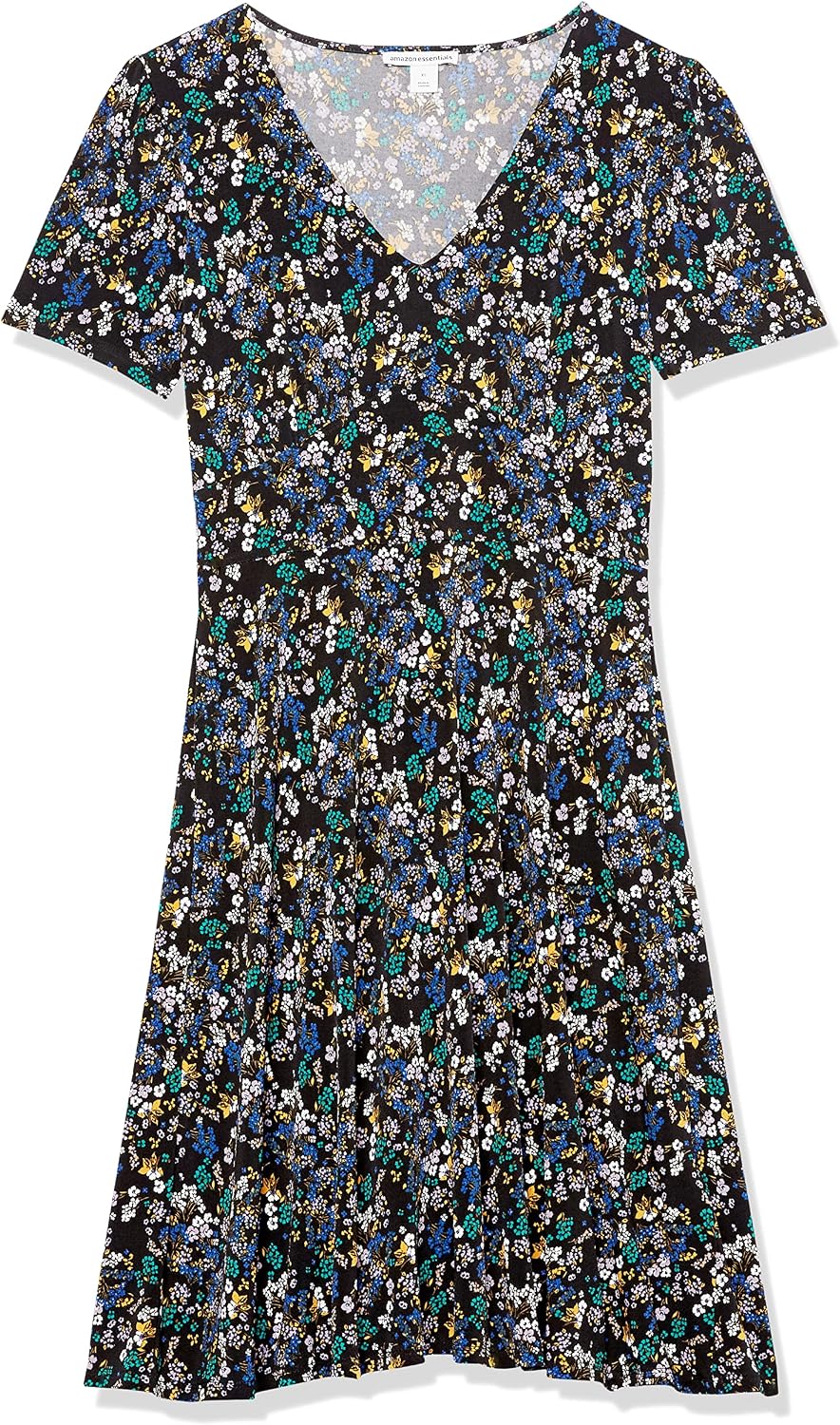 Amazon Essentials Women's Short-Sleeve V-Neck Fit and Flare Floral Jersey Dress - Image 6