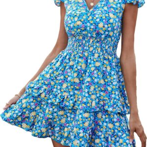 PRETTYGARDEN Women’s Boho V Neck Floral Print Ruffle Sleeve Layered Mini Dress Cute Smocked Waist Short Dress