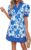 Wenrine Summer Dress for Women V Neck Casual Puff Sleeve Color Block Short Boho Beach Dress with Pockets