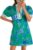 Wenrine Womens Summer Mini Dress Casual Floral Puff Sleeve V Neck Color Block Loose Boho Beach Dresses with Pockets