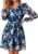 Simplee Womens Floral Mini Dress V Neck Chiffon Long Peasant Sleeves Short Dress Casual Flowy Fall Wedding Guest Dresses